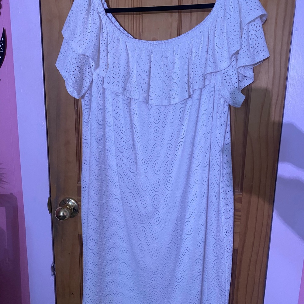 London Times White Off-Shoulder Eyelet Ruffle Dress